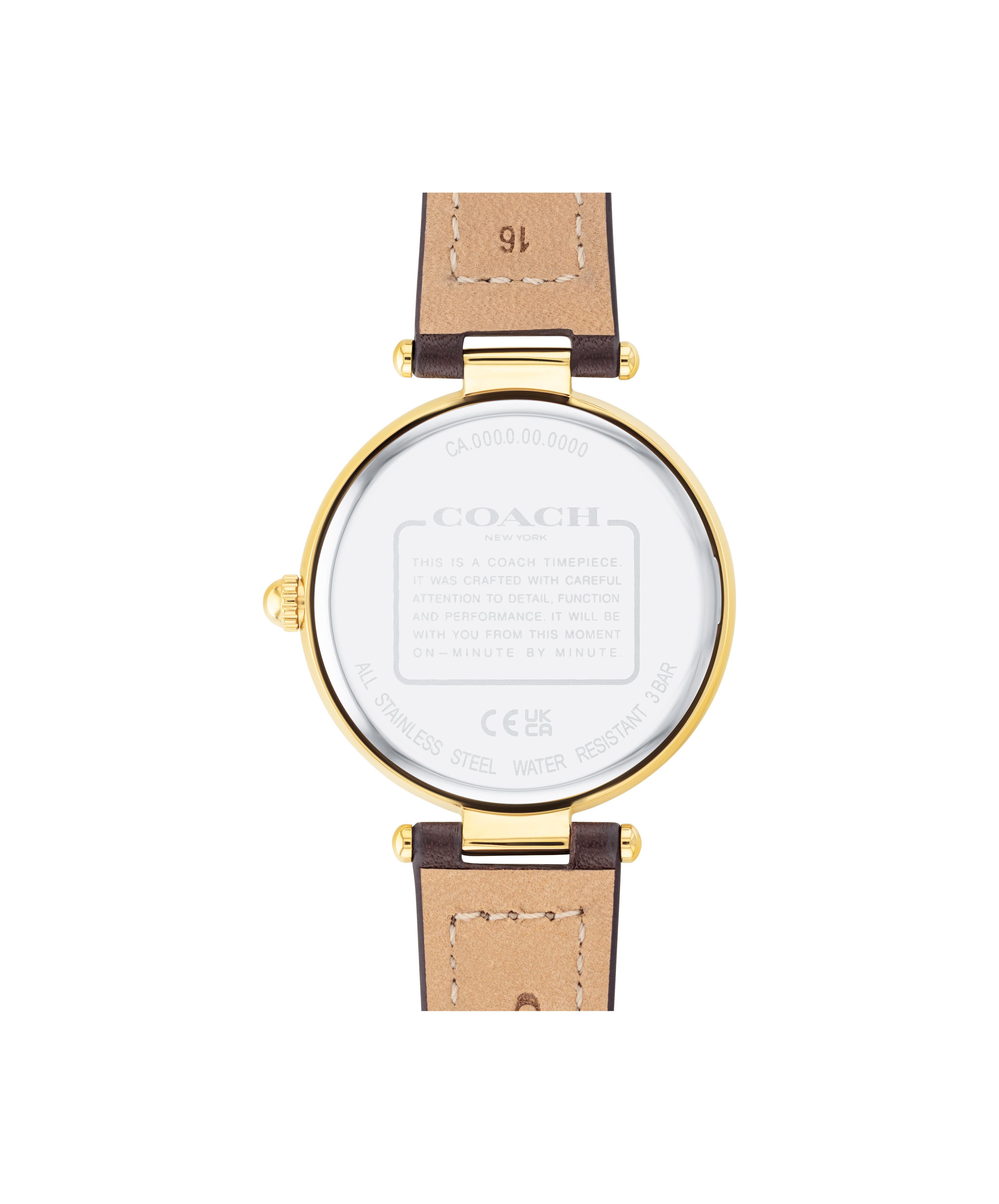Coach Park watch caseback displaying brand engravings and water-resistance information