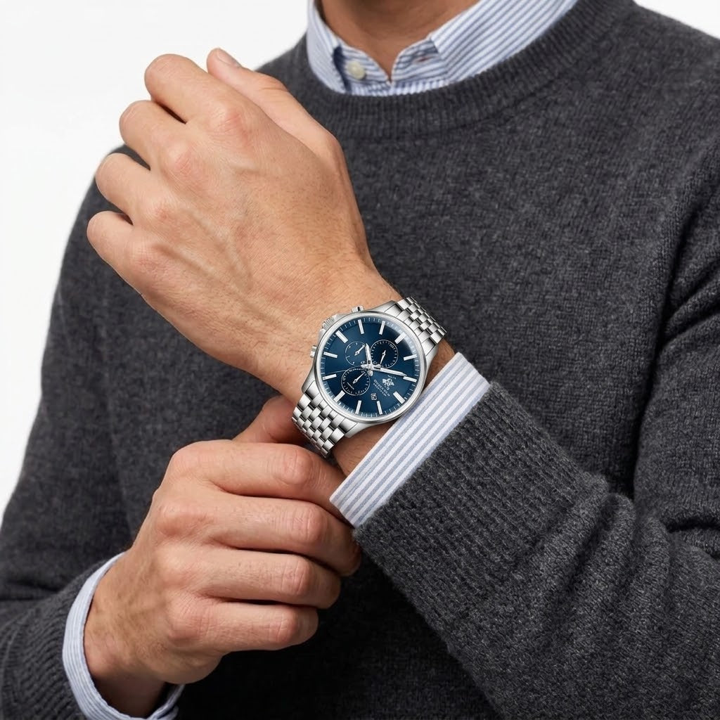 Beverly Hills Polo Club Dual Time Blue Dial Silver Date Watch BP3852X.390