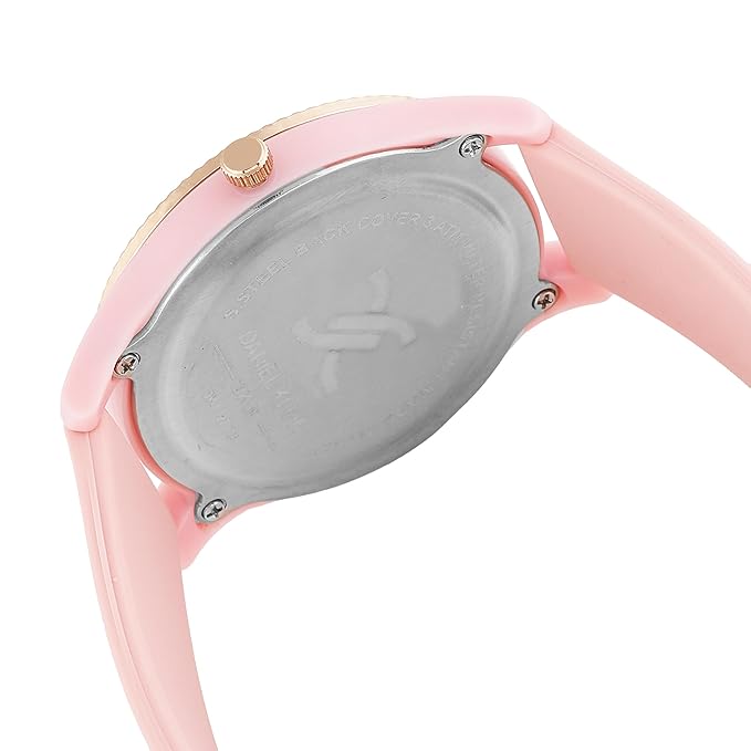 Daniel Klein pink watch caseback displaying gray case back and silicone strap