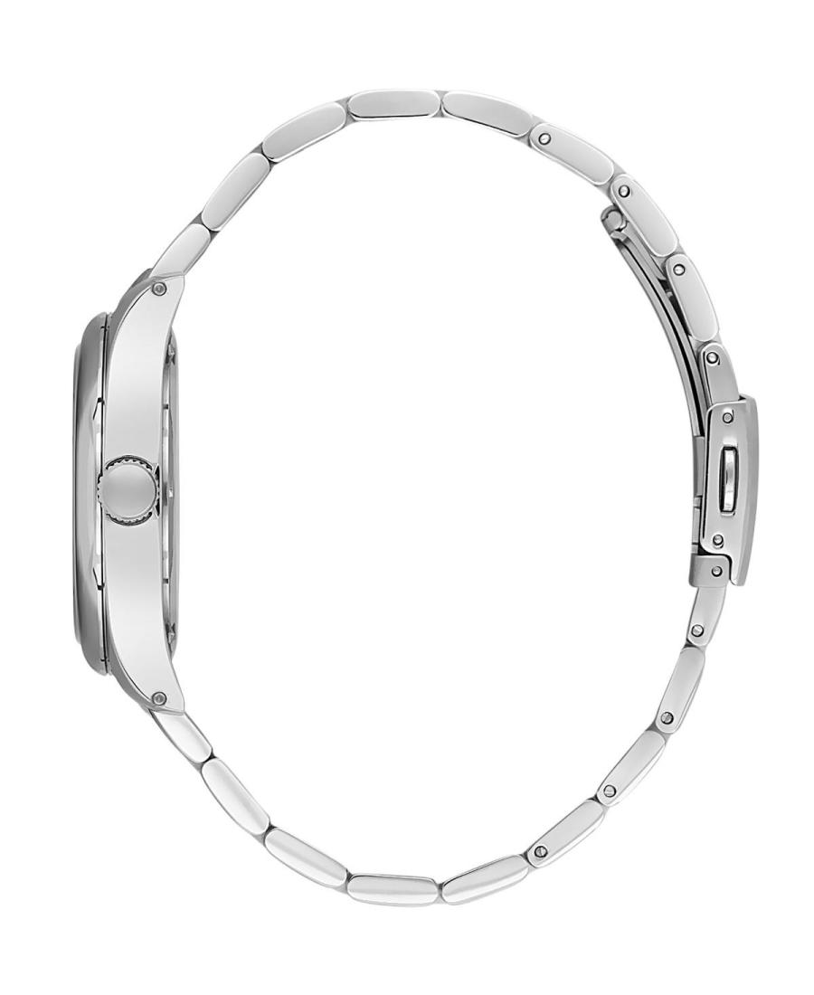 Side view of Daniel Klein silver watch showing band and case profile