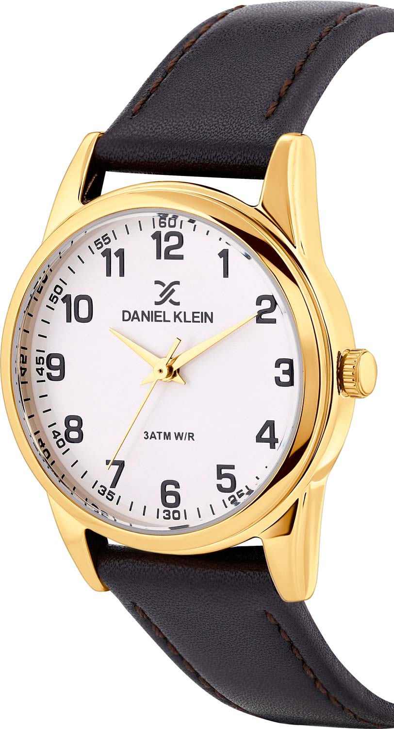 Daniel Klein Arcadia watch side view showing gold case and black leather strap
