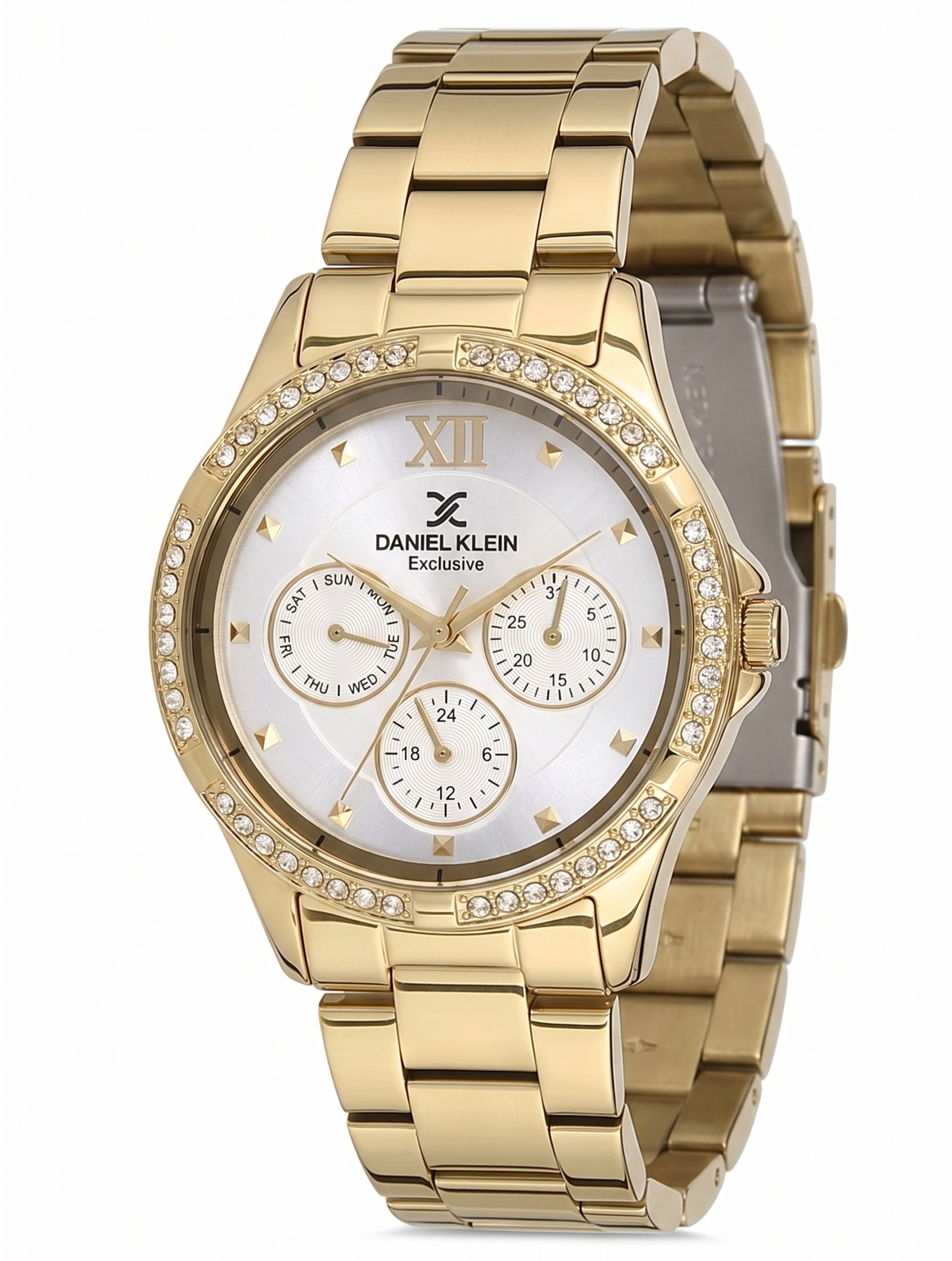 Daniel Klein Exclusive gold multifunction watch with silver dial and diamond bezel