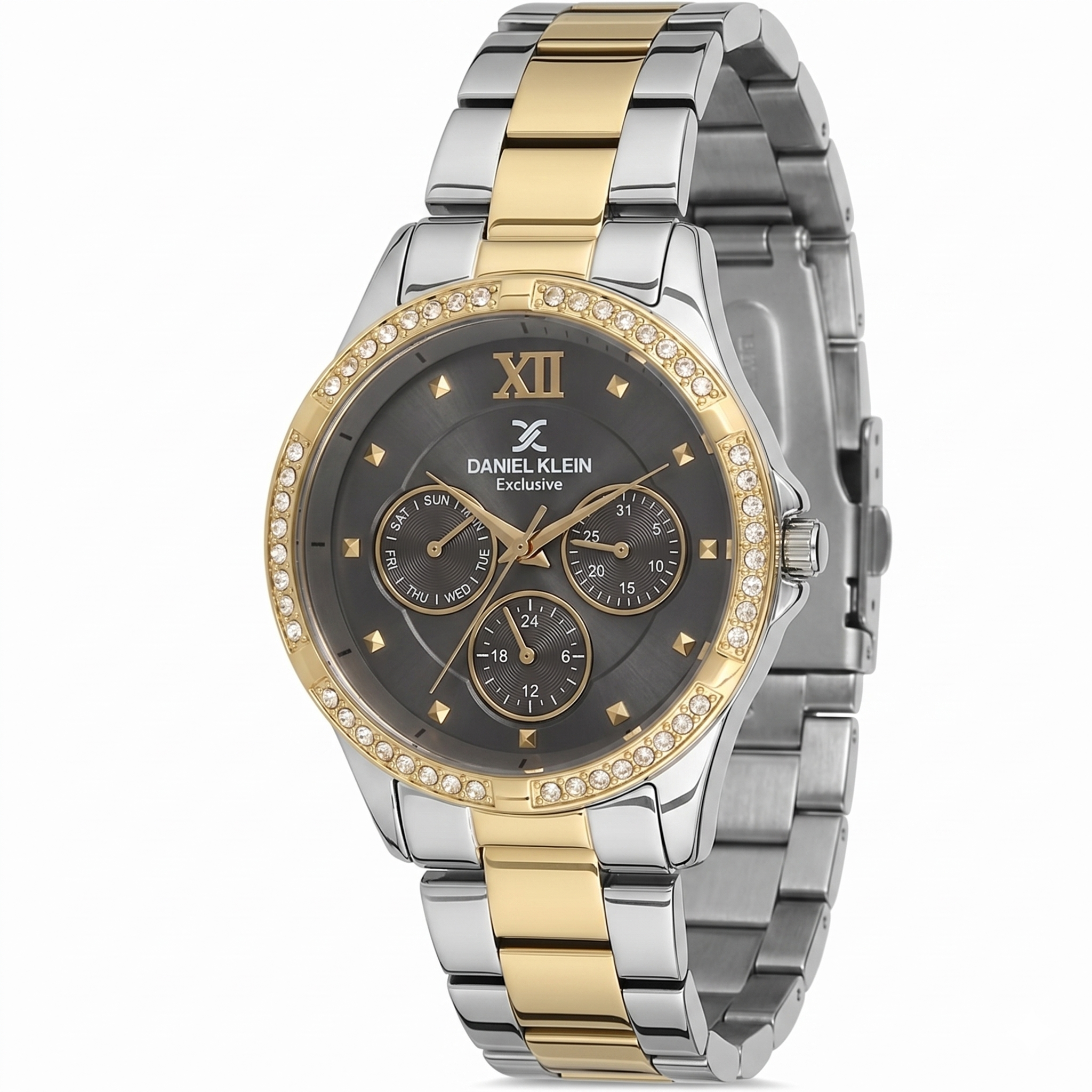 Daniel Klein two-tone watch at angle showing three subdials and diamond-set bezel
