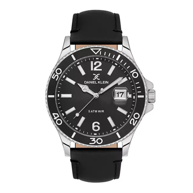Daniel Klein Premium black dial silver watch with date window and black leather strap
