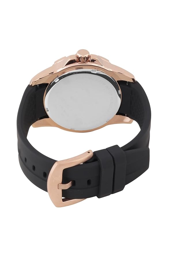 Daniel Klein Premium watch worn on wrist, showing rose gold case with black silicone strap