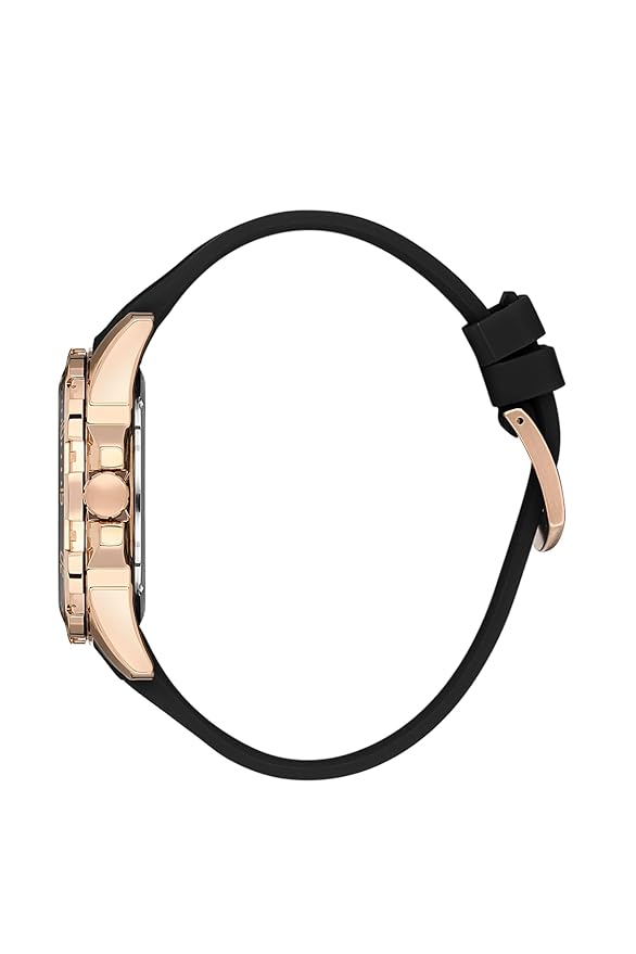 Side view of Daniel Klein Premium watch showing rose gold case and black silicone strap