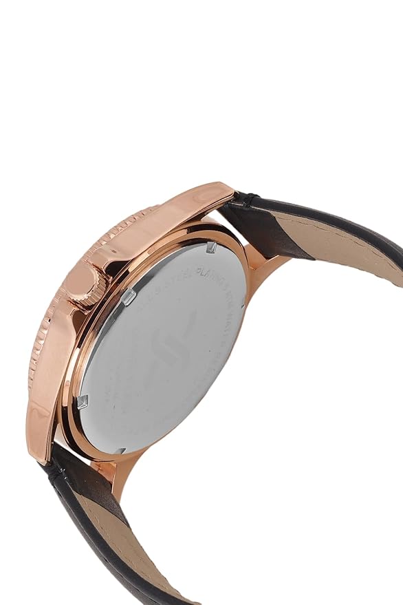 Angled view of Daniel Klein Premium rose gold watch case and black leather strap