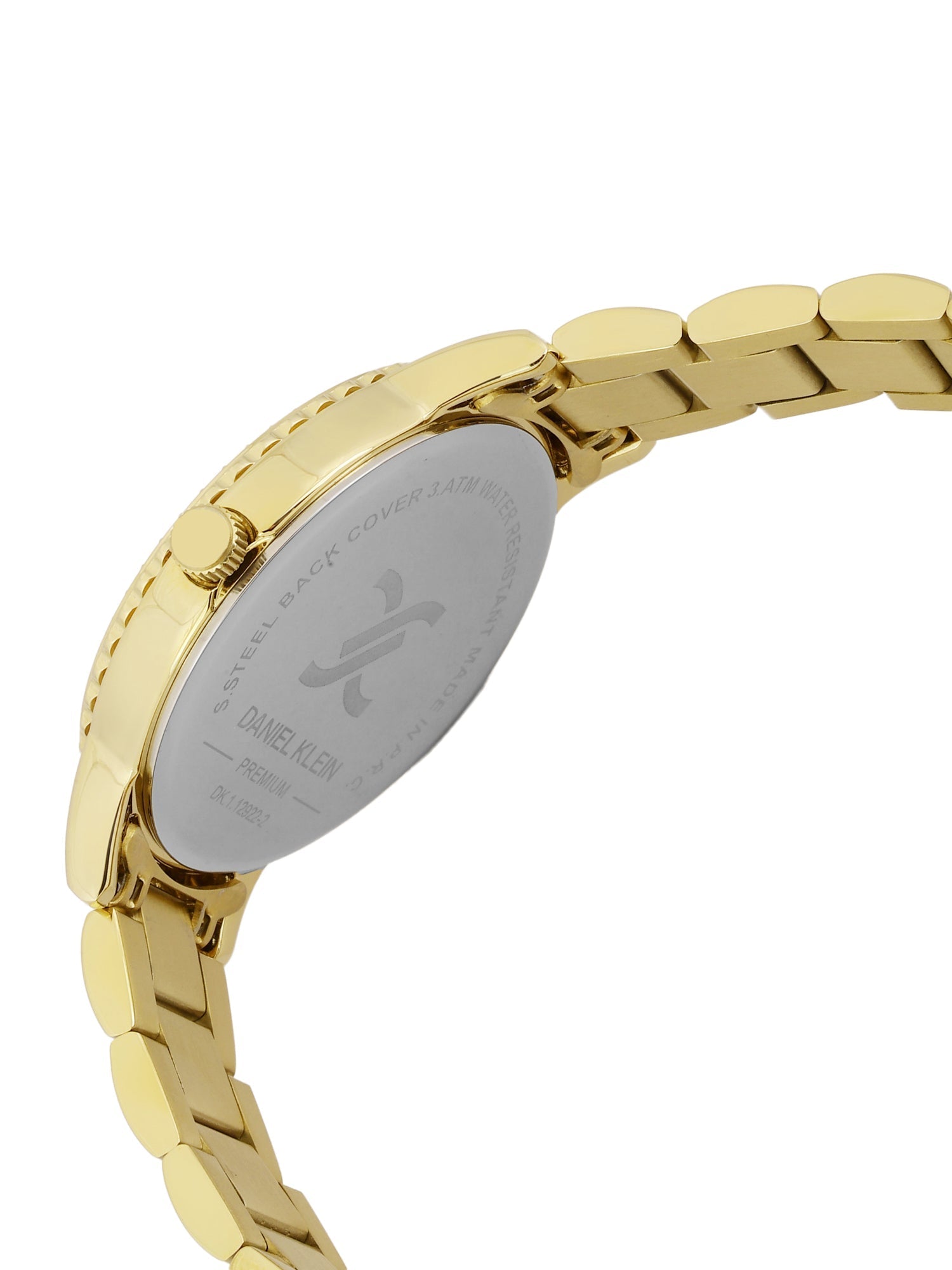 Angled view of gold caseback with Daniel Klein logo detail