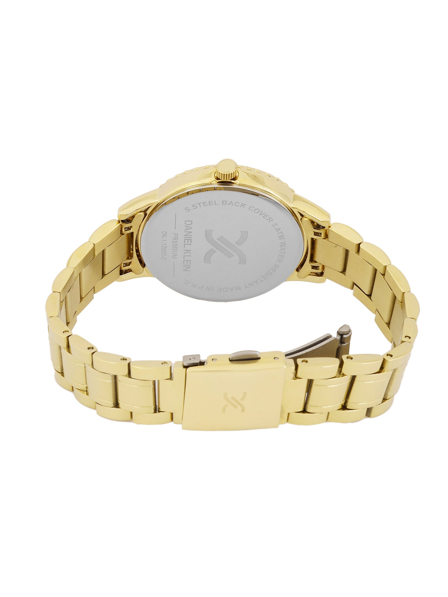 Back of watch showing gold caseback with Daniel Klein branding