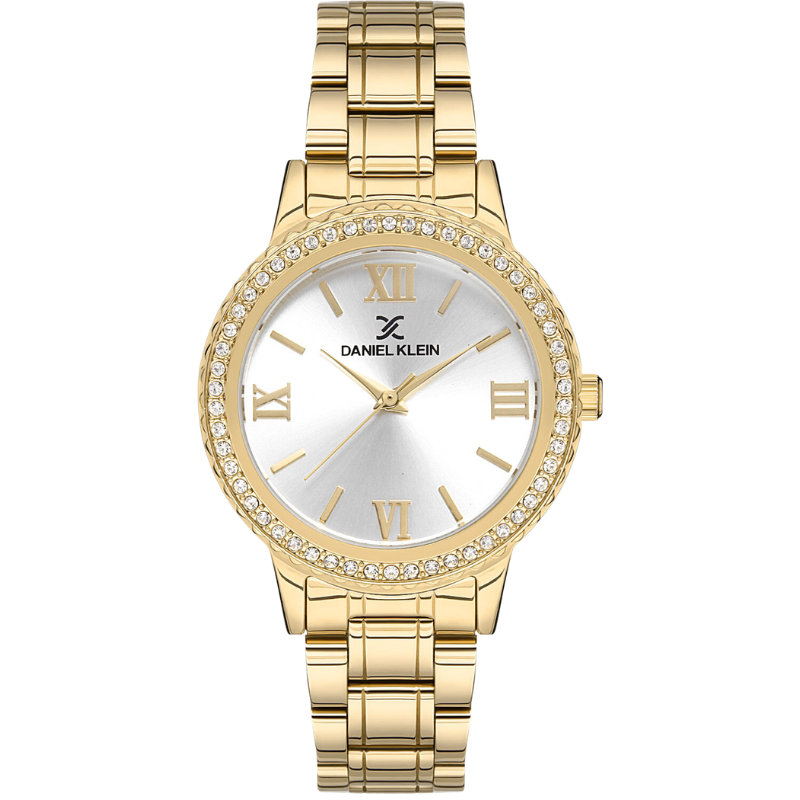 Close-up of white dial with Roman numerals, three hands, and crystal-set bezel