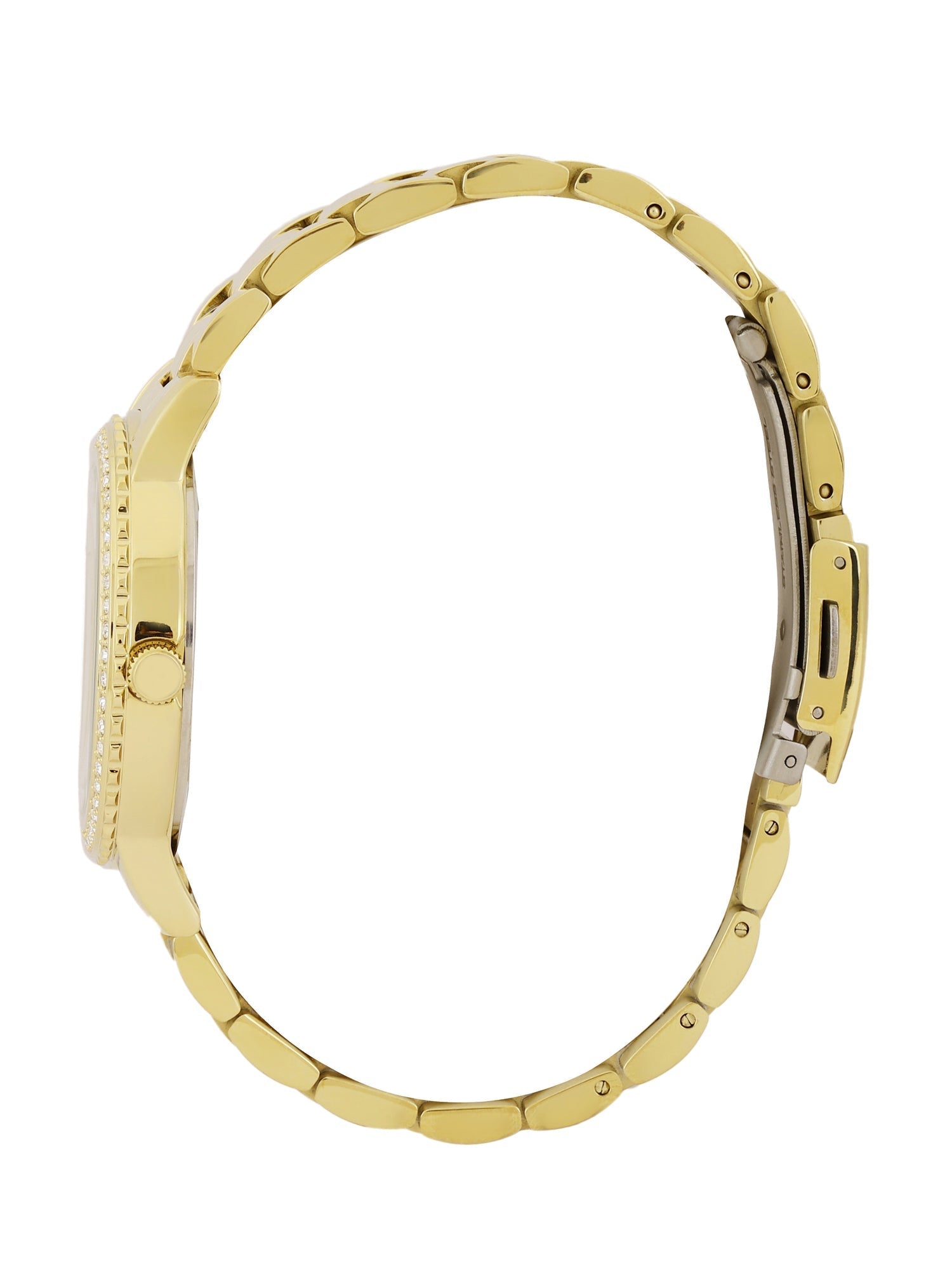 Side view of gold bracelet and case with fold-over clasp