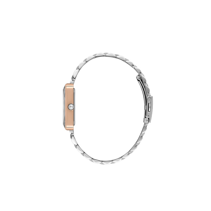 Side view of Daniel Klein rectangular watch with rose gold case and silver bracelet