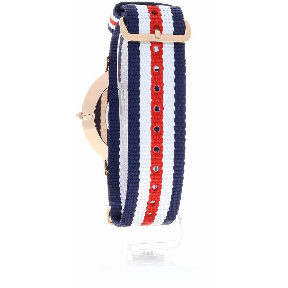 Canterbury 40mm watch caseback view showing gold case and tricolour strap with hardware