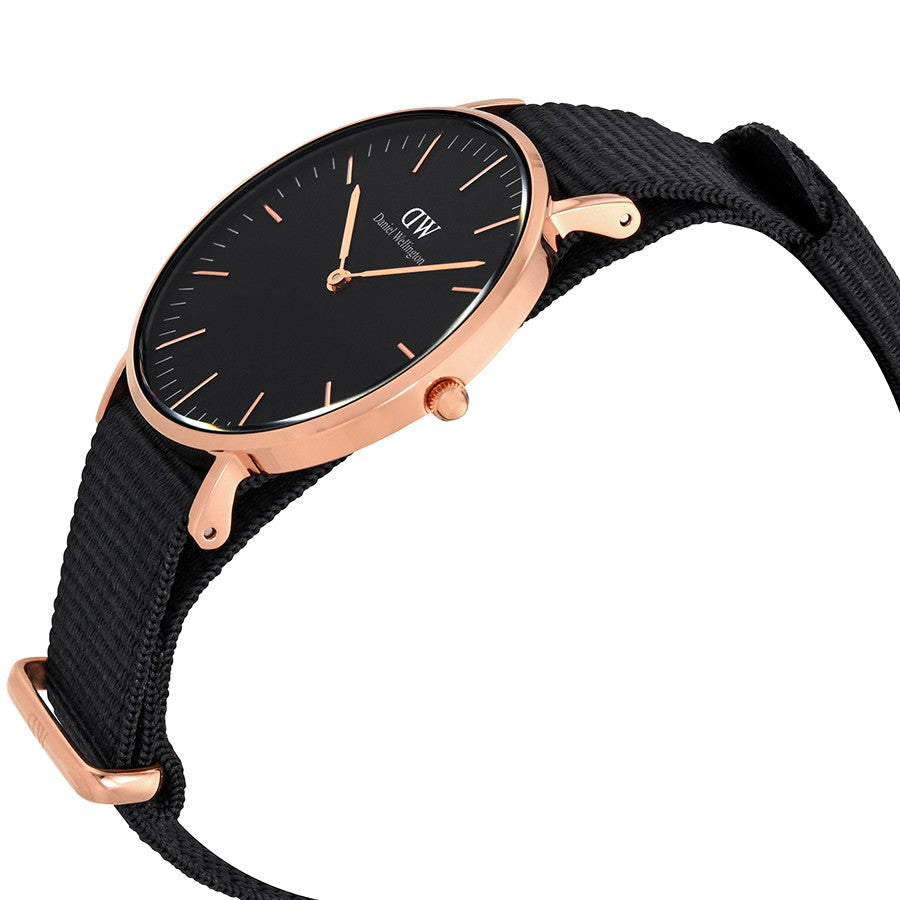 Side angle view of Cornwall 36mm watch showing rose gold case and black NATO strap