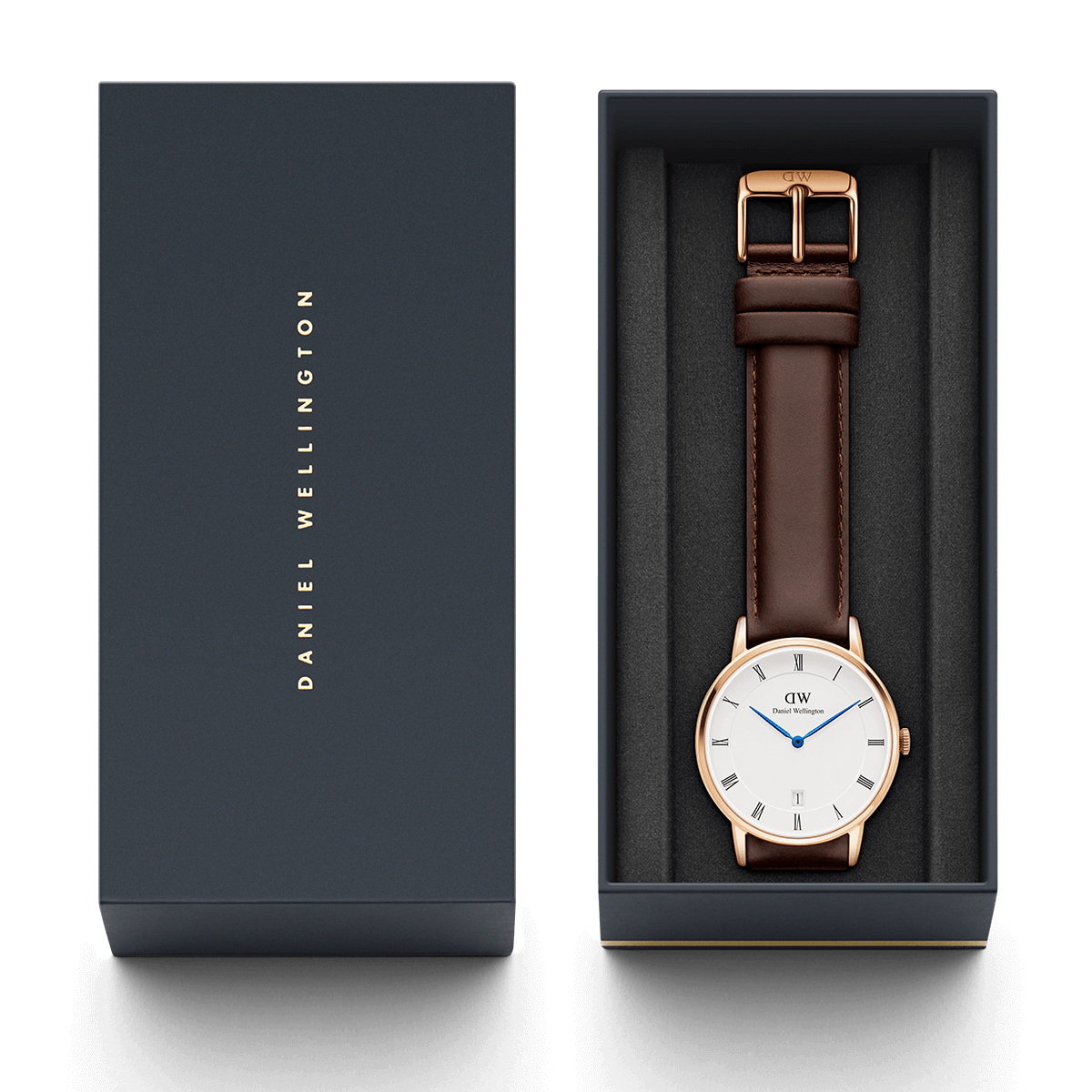 Daniel Wellington Dapper 38mm White Dial Brown Genuine Leather Gold Date Watch - DW00100086