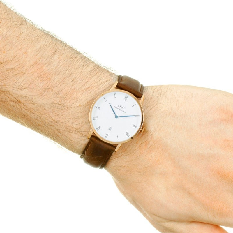 Daniel Wellington Dapper 38mm White Dial Brown Genuine Leather Gold Date Watch - DW00100086