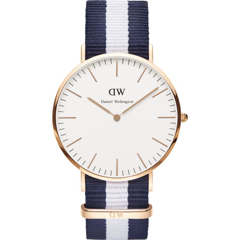 Daniel Wellington Glasgow 40mm rose gold watch with white dial and navy white striped strap