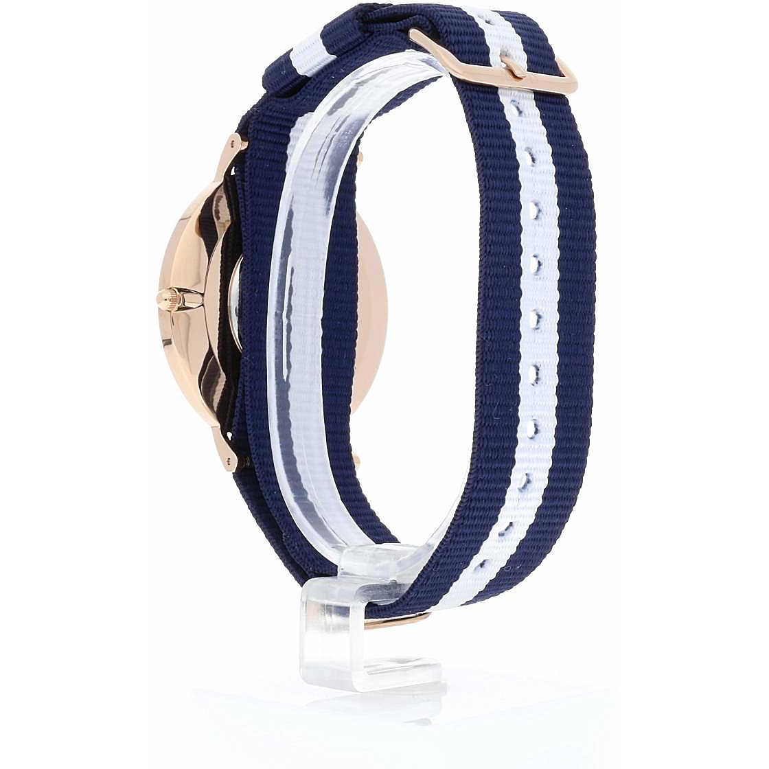 Side view of Glasgow 40mm rose gold watch with navy white striped NATO strap