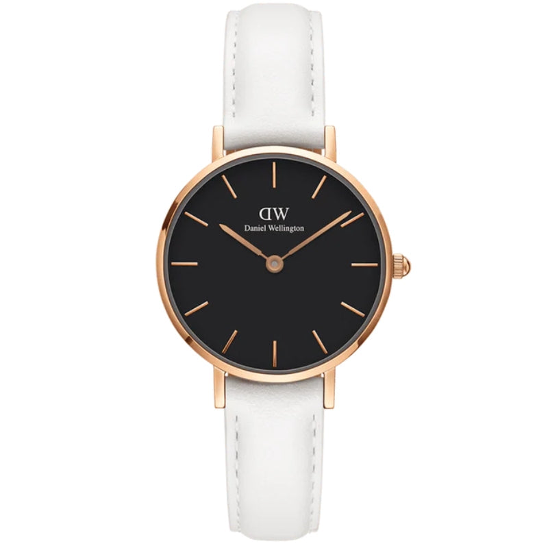 Daniel Wellington Petite 32mm black dial watch with rose gold case and white leather strap
