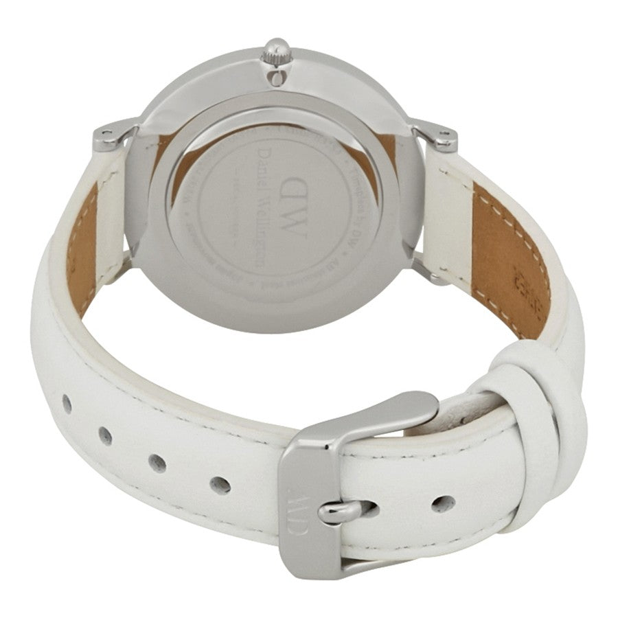Daniel Wellington Petite Bondi 32mm watch caseback with white leather strap and buckle