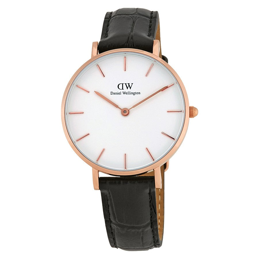 Daniel Wellington Reading 32mm gold women's watch with white dial and black leather strap
