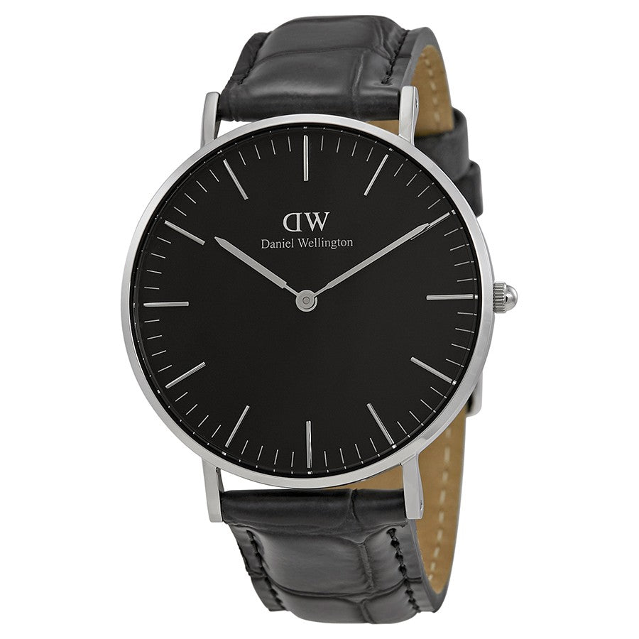 Daniel Wellington Reading 36mm black dial silver watch with black leather strap