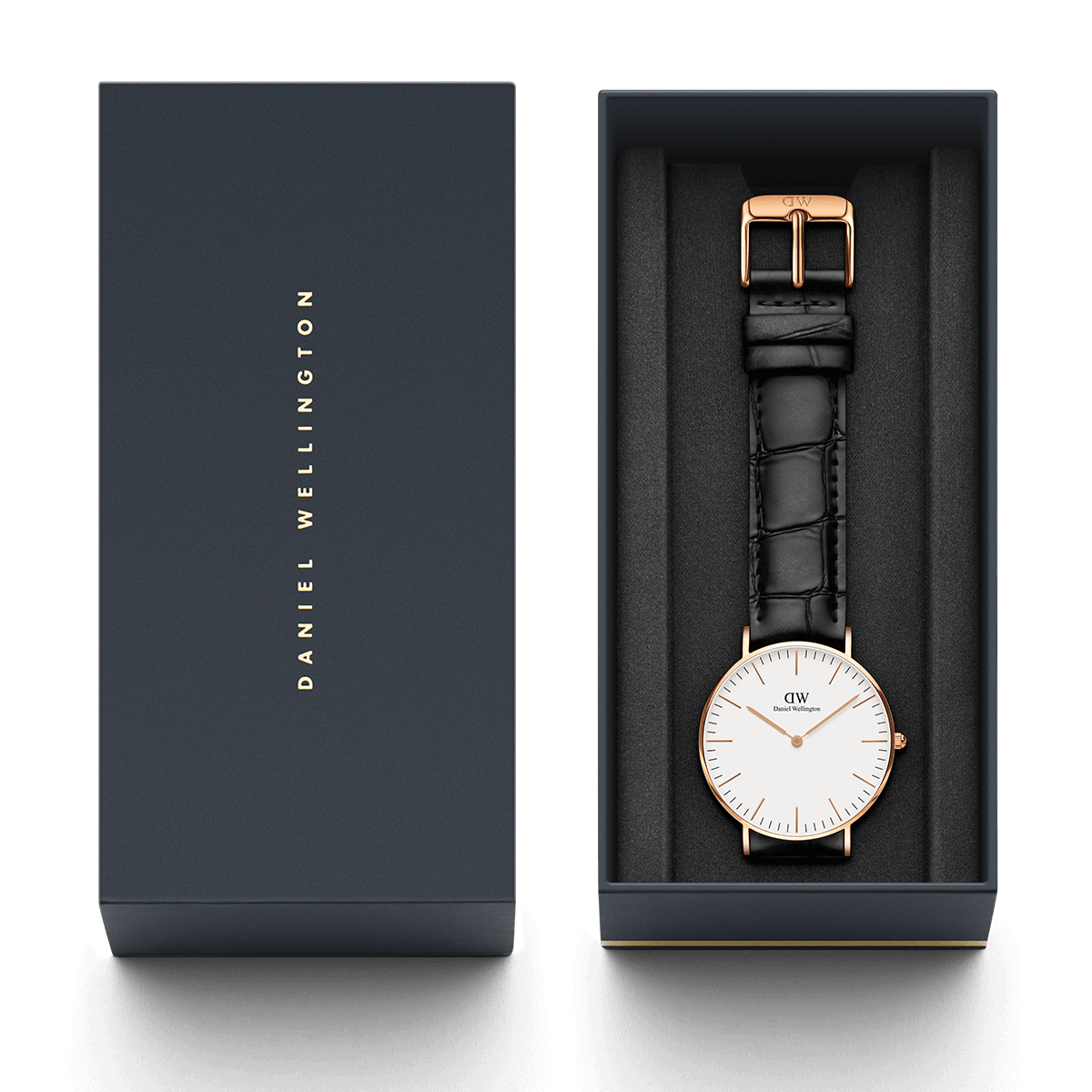 Daniel Wellington Reading 36mm White Dial Black Genuine Leather Gold Watch - DW00100041