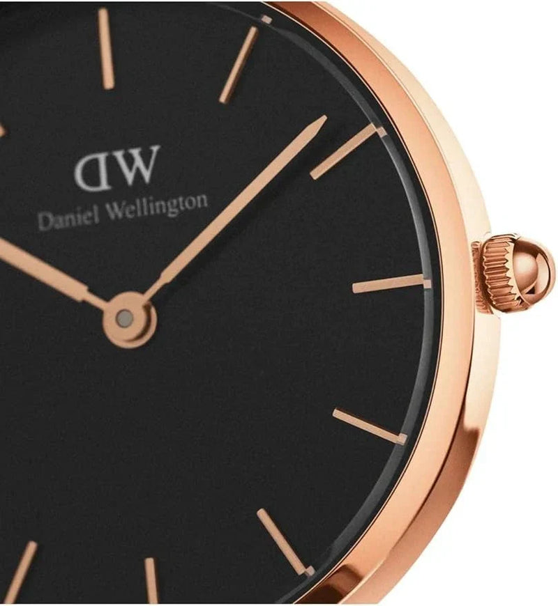 Daniel Wellington Petite Bristol 28mm Watch - Black Dial, Rose Gold Case, Brown Leather Strap - DW00100221