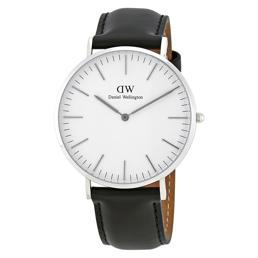 Daniel Wellington Sheffield 40mm White Dial Black Genuine Leather Men's Silver Watch - DW00100020