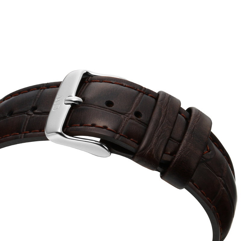 Dark brown genuine leather strap with croco embossed pattern and silver buckle