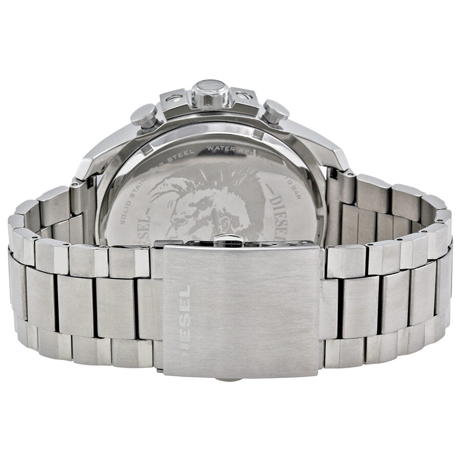 Caseback view of Diesel Mega Chief watch with stainless steel bracelet