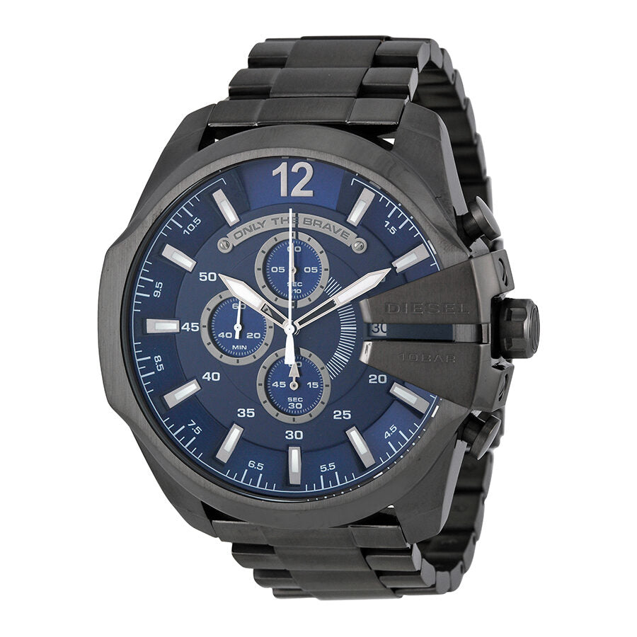 Diesel Mega Chief chronograph watch with blue dial, gunmetal case and bracelet
