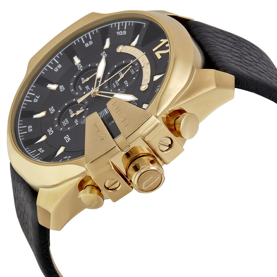 Diesel Mega Chief watch side angle showing gold case and black leather strap
