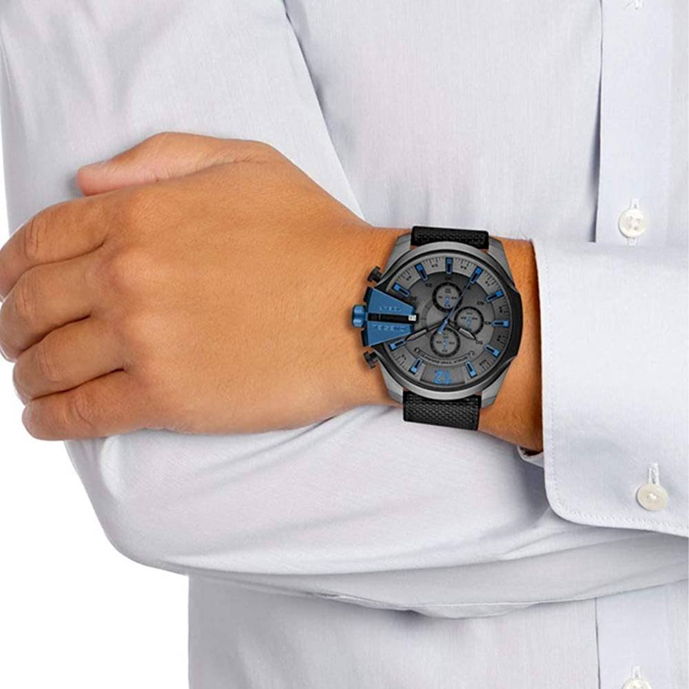 Diesel Mega Chief DZ4500 watch displayed on wrist with grey fabric strap and blue chronograph pushers