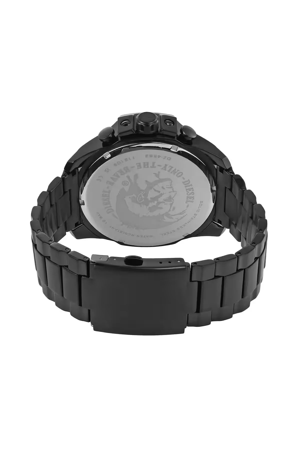 Back view of Diesel Mega Chief DZ4582 watch showing engraved stainless steel caseback