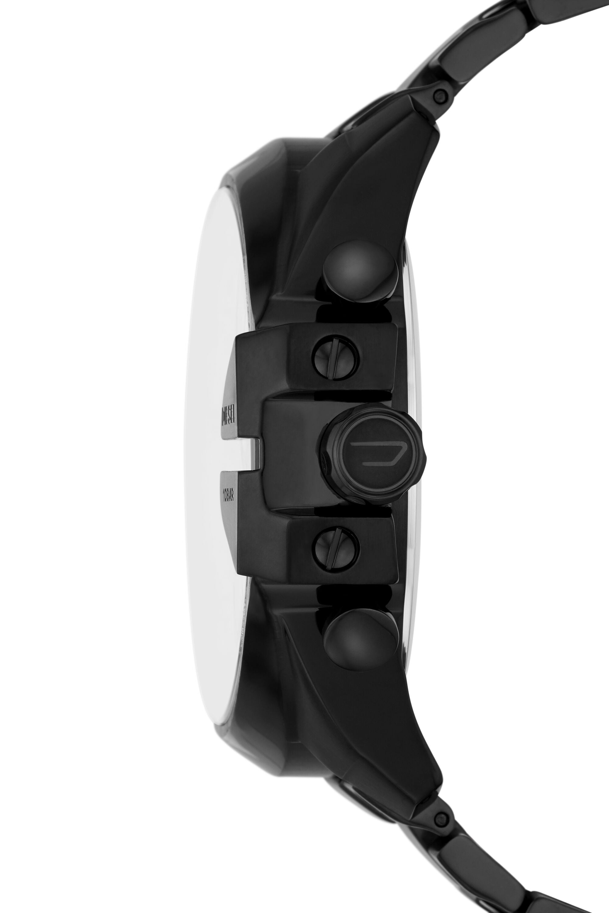 Side view of Diesel Mega Chief DZ4582 showing black chronograph case and pushers