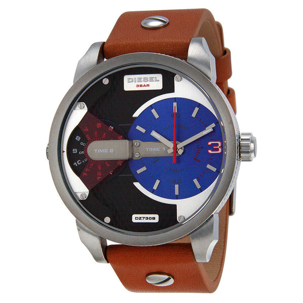 Diesel Mini Daddy Blue and Black Dial Tan Leather Men's Watch #DZ7308 - Watches of Australia