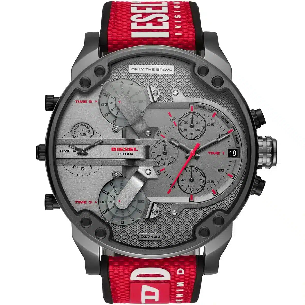 Diesel Mr. Daddy 2.0 chronograph watch with gray dial, multiple subdials, red and black nylon strap
