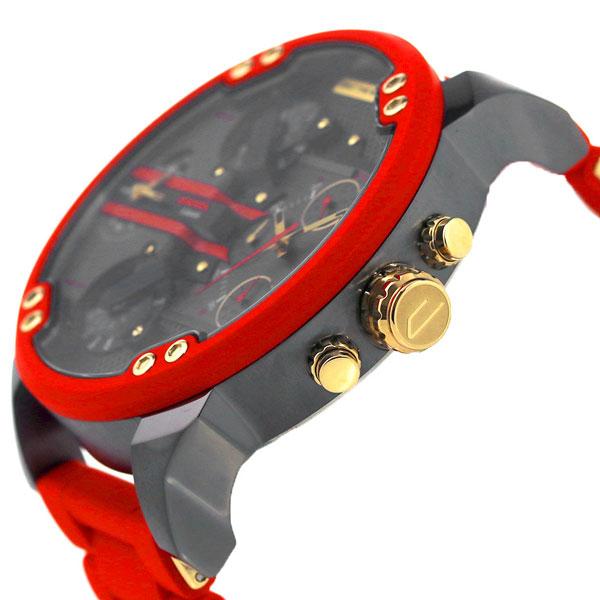 Angled side view of Diesel Mr Daddy 2.0 red watch with gold pushers and black dial