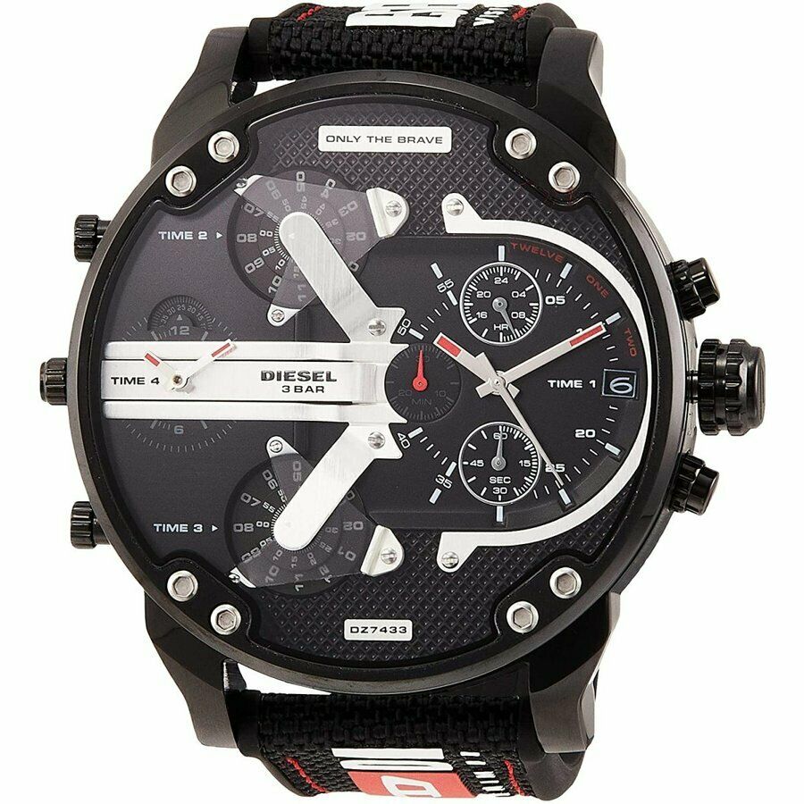 Diesel Mr. Daddy 2.0 chronograph watch with black dial, white hands, and black textile strap