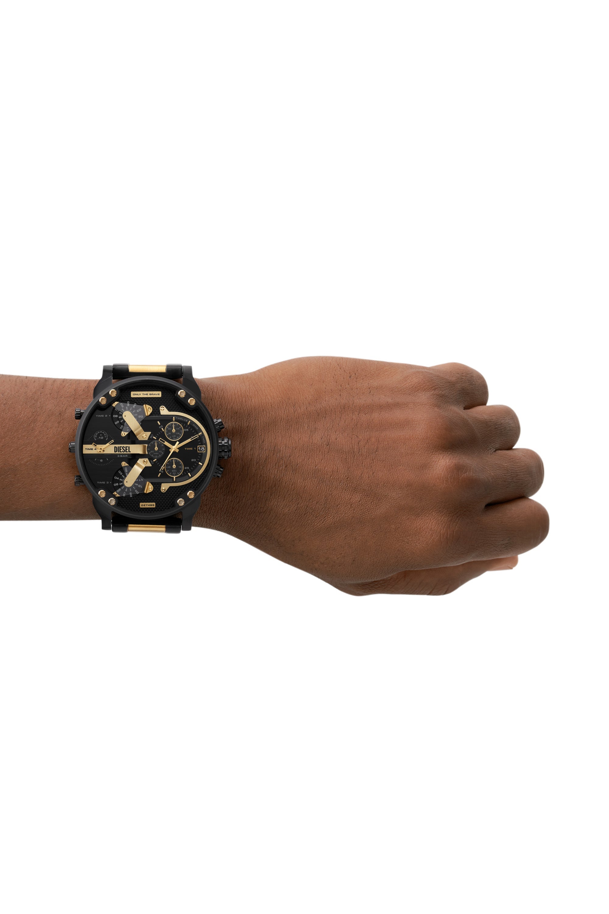 DIESEL Mr. Daddy 2.0 chronograph watch worn on wrist showing black dial and two-tone design