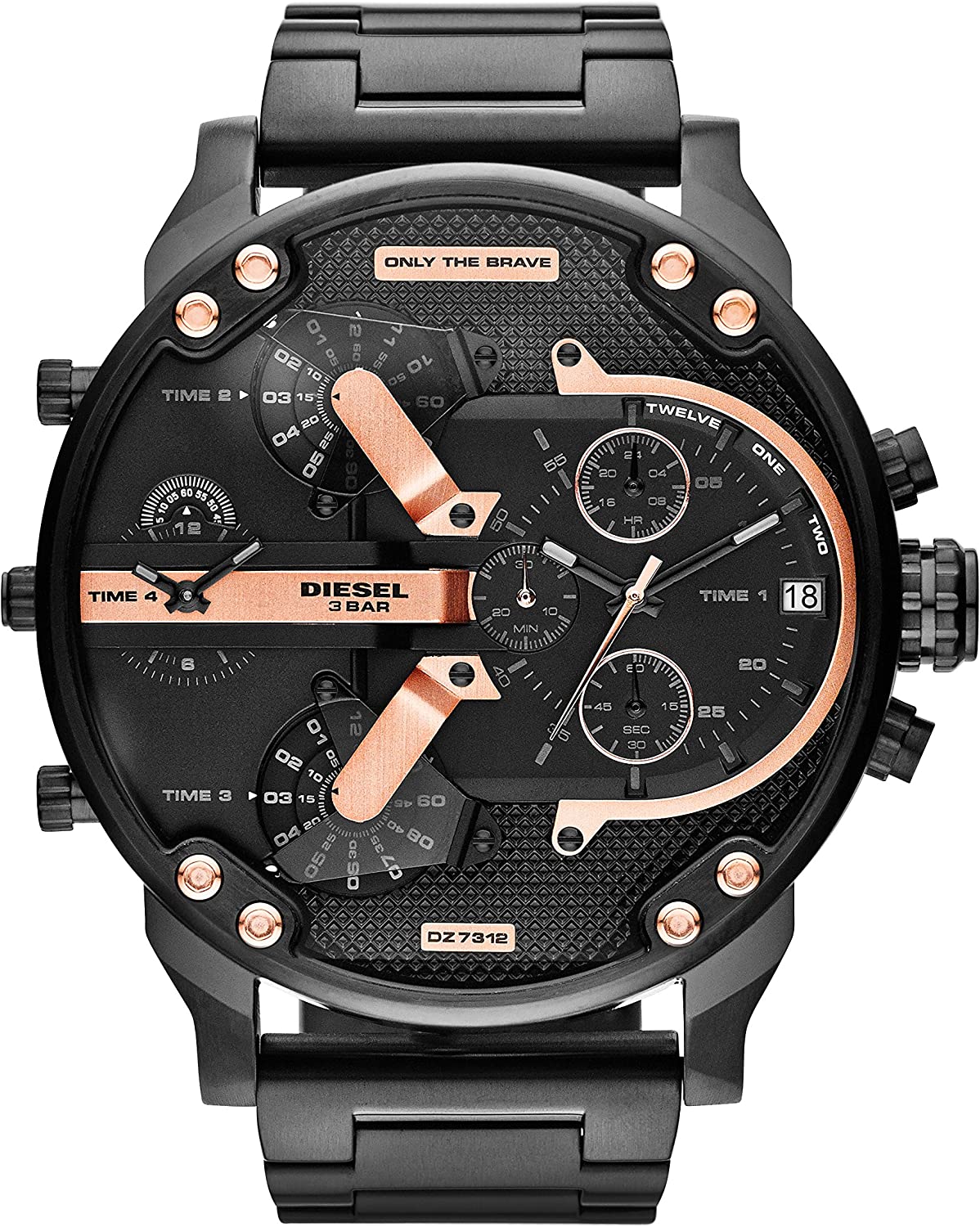 Diesel Mr Daddy chronograph watch with black dial, rose gold hands, and four time zone subdials