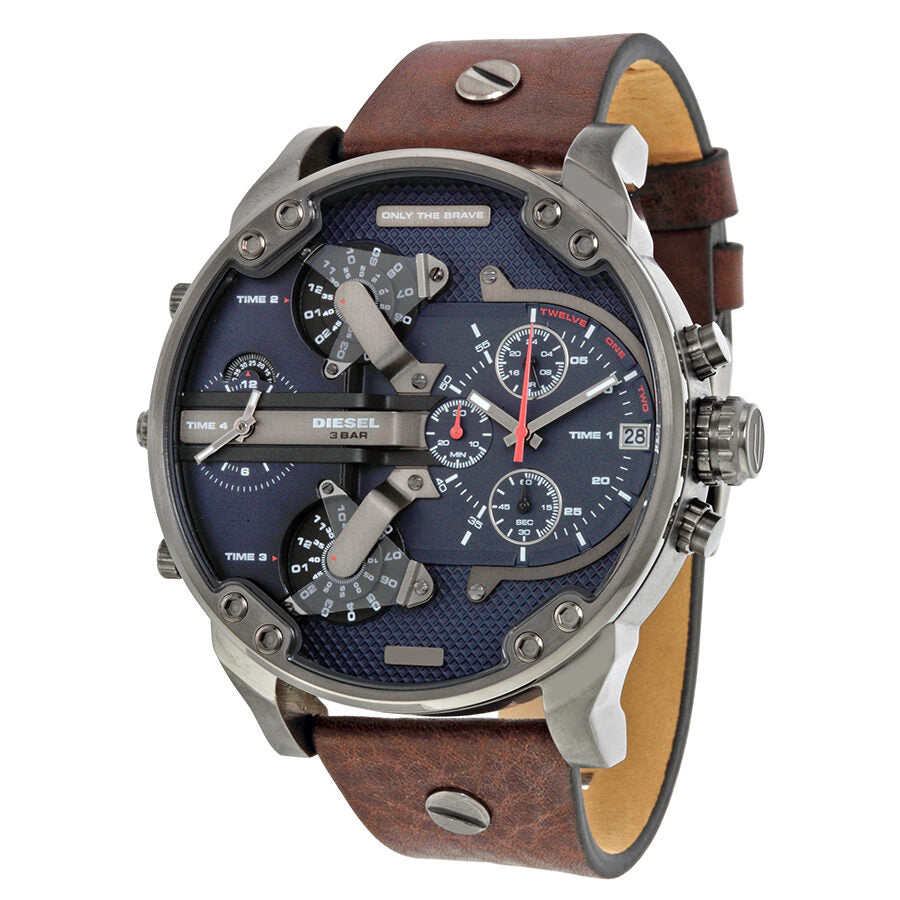 Diesel Mr Daddy DZ7314 dual time chronograph watch with navy blue dial and brown leather strap, front view