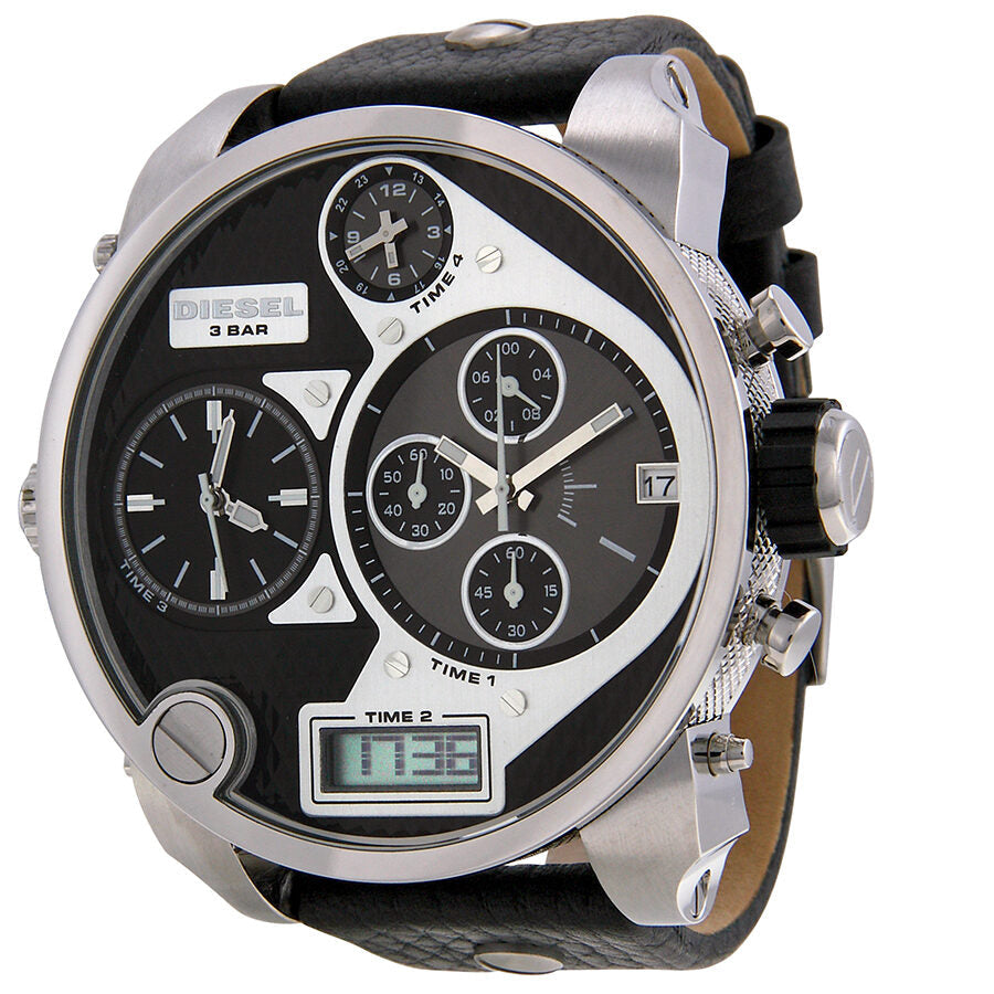 Diesel SBA DZ7125 chronograph with dual black dials, digital display, and stainless steel case