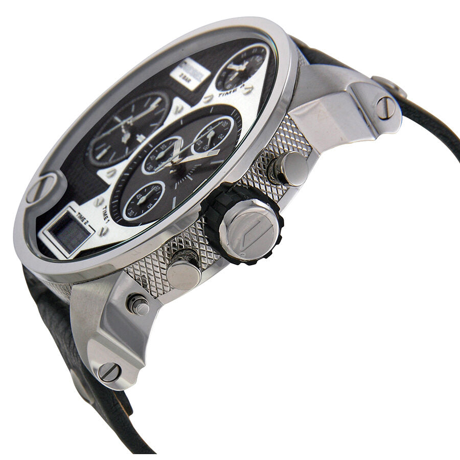 Diesel SBA DZ7125 side angle showing stainless steel case and black leather strap