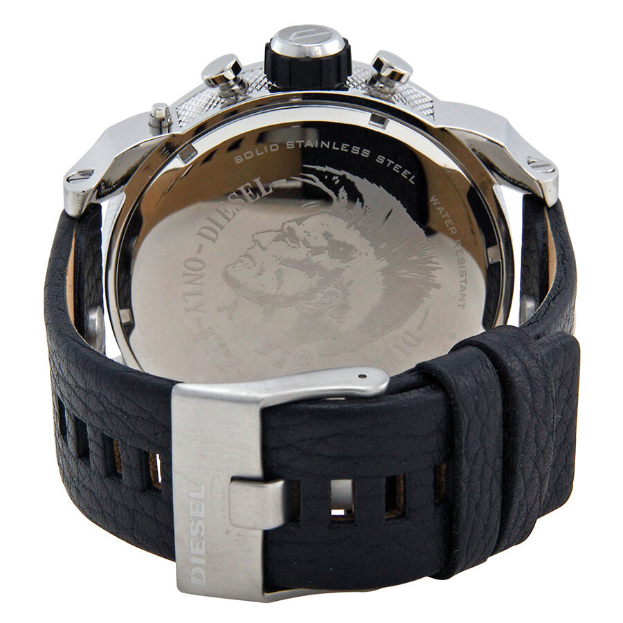 Diesel SBA DZ7125 caseback with stainless steel engraved details and black leather strap