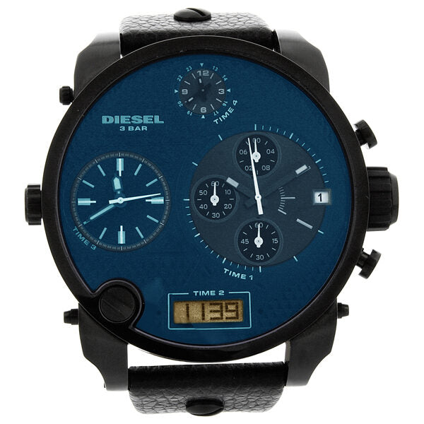 Diesel SBA front view featuring iridescent blue dial, dual time zone displays, chronograph subdials, and digital window