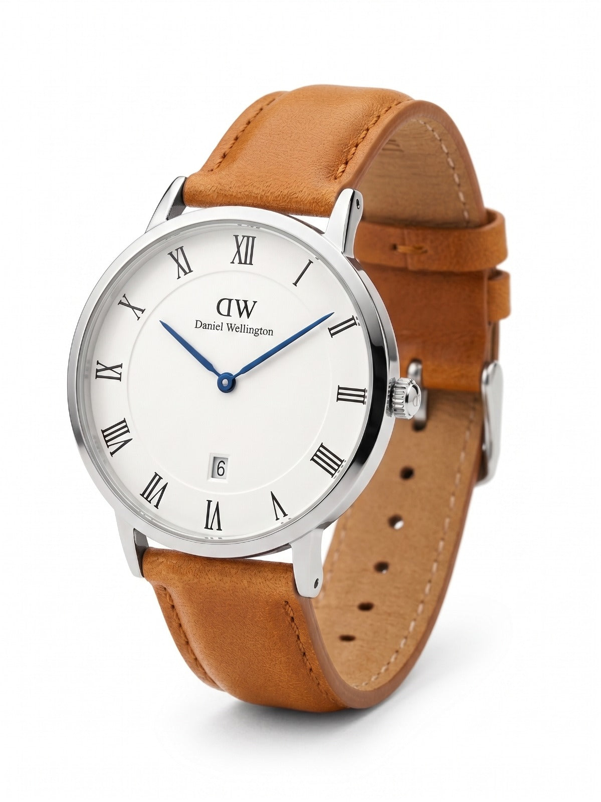 Daniel Wellington Dapper Durham watch angle view showing silver case, white dial, and brown leather band