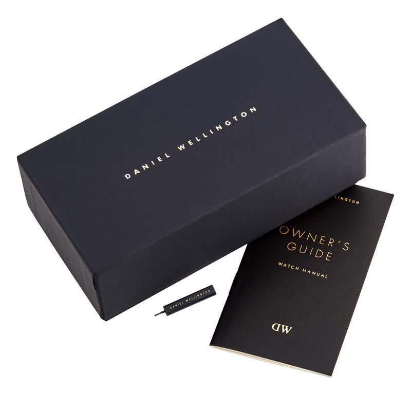 Daniel Wellington watch box with owner's guide and accessories
