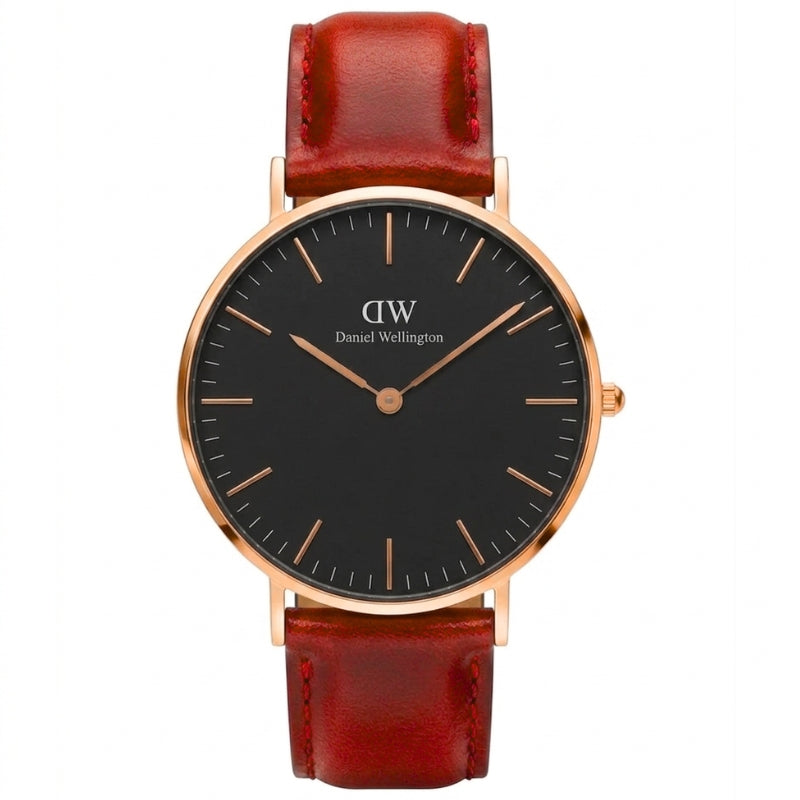 Daniel Wellington St. Mawes 28mm watch with black dial, rose gold case, and red leather strap